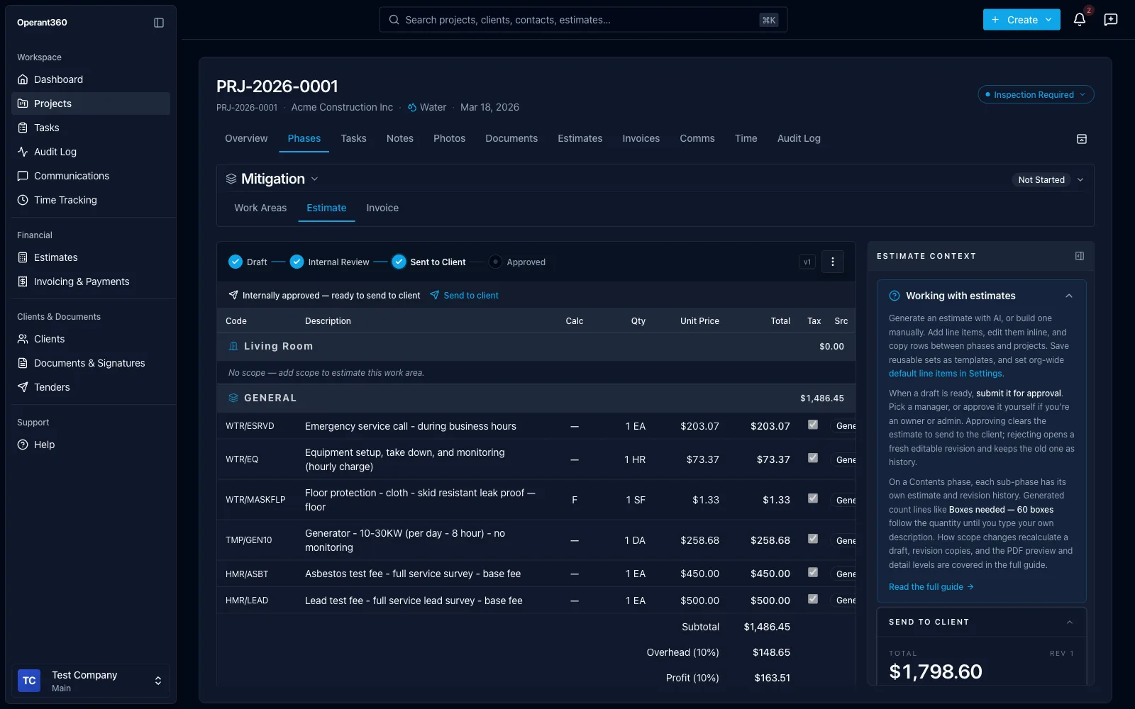 AI-generated estimate with priced line items