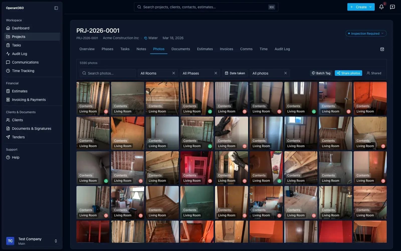 A project photo gallery with thousands of photos AI-tagged by room and phase