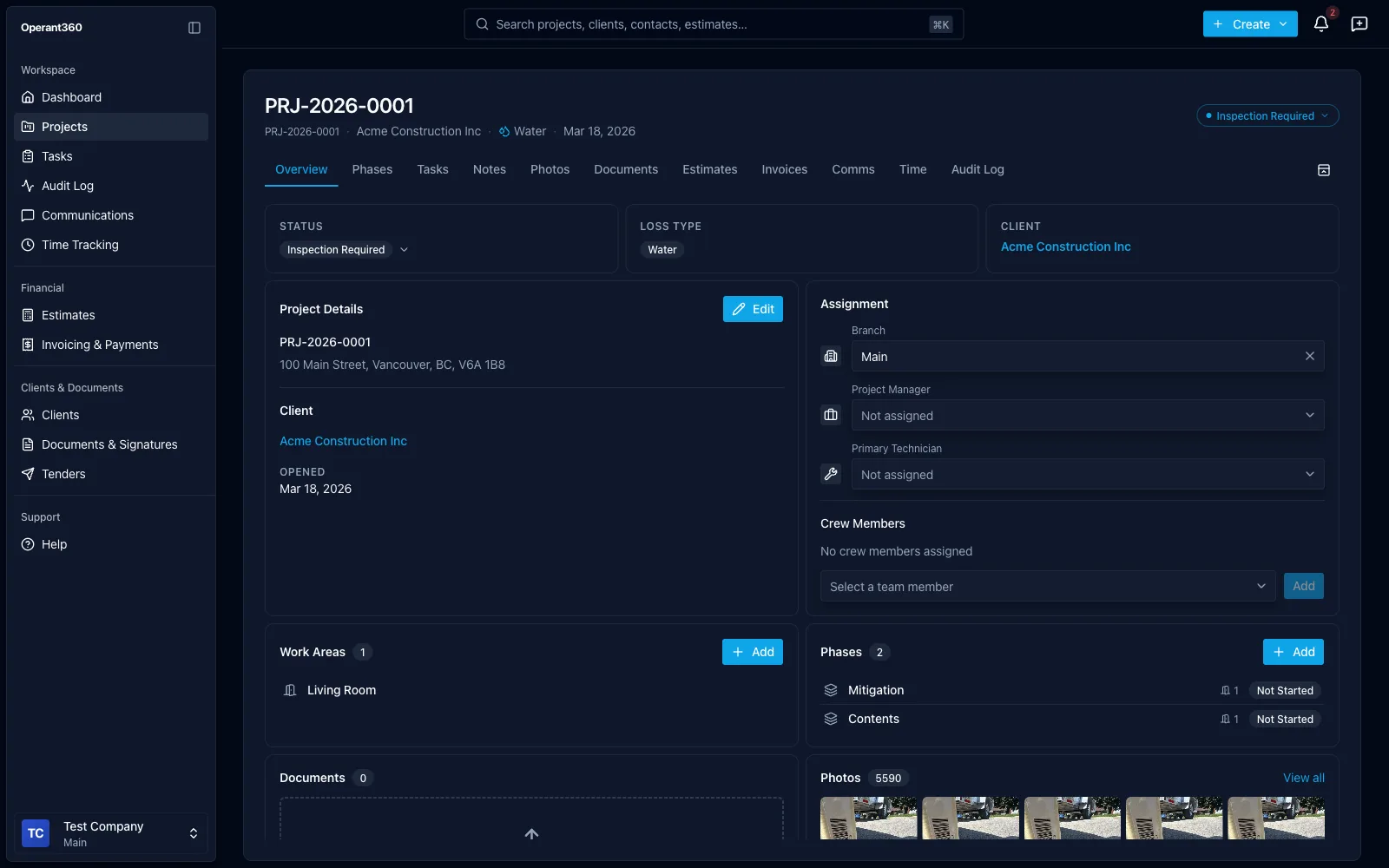 Project overview with rooms, phases, and crew